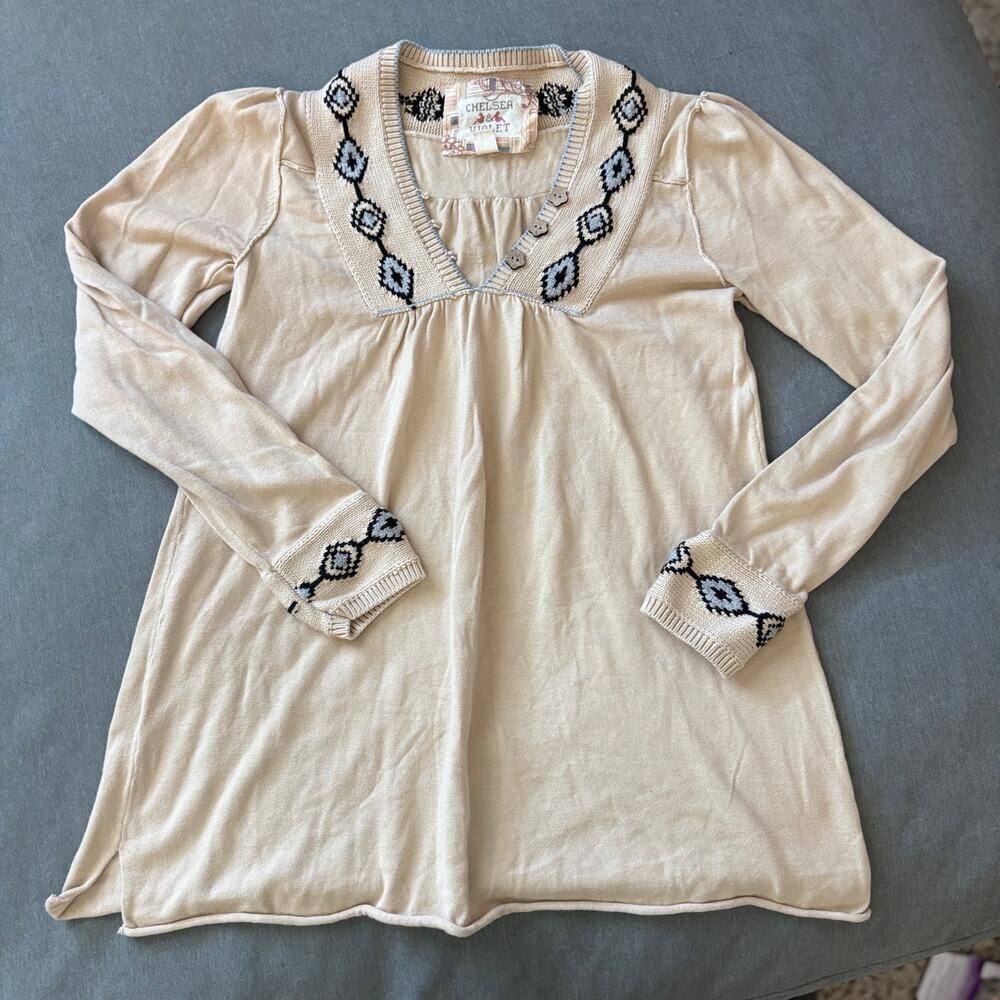Chelsea & Violet Boho Knit Tunic Sweater Top Beige Embroidered Neck M